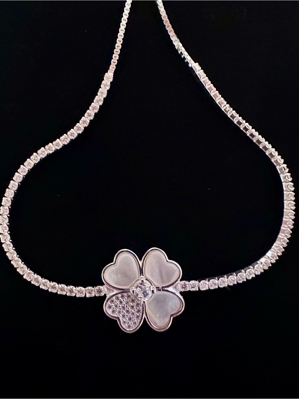 Silver Four-Leaf Clover Pendant Necklace with White Mother-of-Pearl